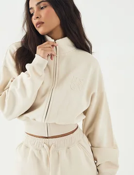 Womens Self Fabric Applique Zip Through Funnel Neck Sweatshirt - Beige Cotton - Size 2xl - DSGN Studio - FashionsVida