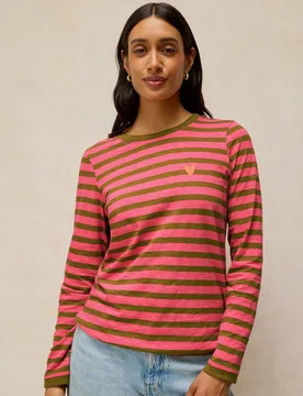 Clara Stripe Embroidered Tee - Pink - White stuff - FashionsVida