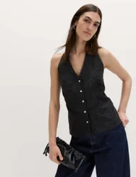 Jacquard Halter Neck Top Black female