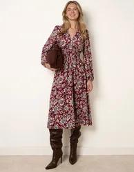 V Neck Elasticated Midi Dress - L/XL / BURGUNDY - female