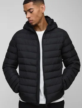 Herren Regular Fit Gesteppte Kapuzenjacke mit Reißverschluss Black Größe Medium - boohooMAN - FashionsVida