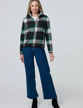 Checked Zip Front Boxy Teddy Jacket - Green - Size: 8 - Izabel London - FashionsVida
