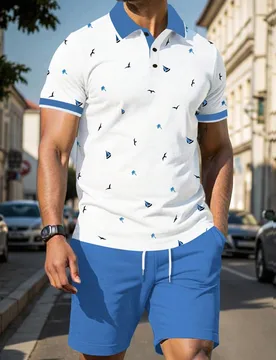 Conjunto de 2 piezas de polo de verano con estampado todo sobre, cuello de color de contraste y manga corta para hombre - Conjunto casual de verano de - Shein - FashionsVida