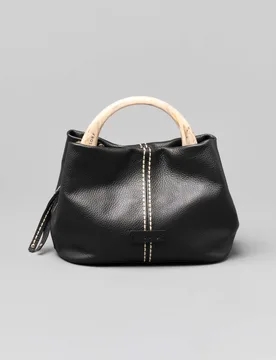 Borsa nera in pelle martellata misura piccola con manico in osso e impunture a cotrasto - Visonà - FashionsVida
