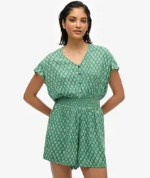 Superdry Damen Kurzärmeliger Playsuit mit Print Green - Größe: 36