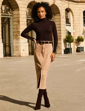 Faux Suede Split Front Midi Pencil Skirt Taupe female - Sosandar - FashionsVida