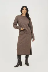 Knitted Jumper & Midi Skirt Set - Brown - Size: M