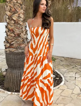 Women's Orange & Cream Stripe Print Tie Neck Smock Midi Dress Size: 16 - Orange - Size: 16 - AX Paris - FashionsVida