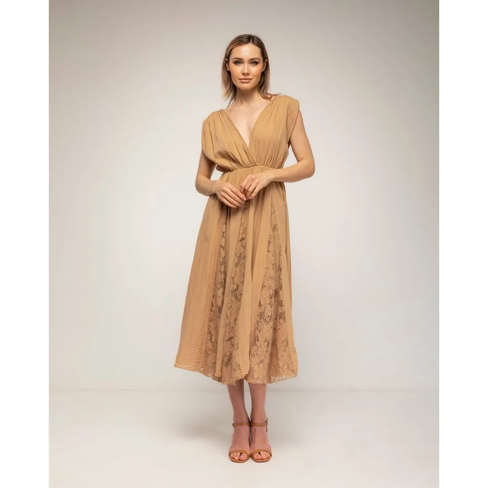 Vestido midi 100% algodón con vuelo y detalles de encaje - Tantra - FashionsVida