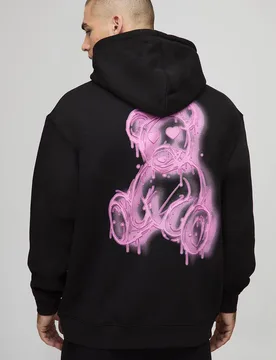 Herren Schwarzer Oversized Spray-On Teddy Bedruckter Hoodie Sweatshirt Black Größe Small - boohooMAN - FashionsVida