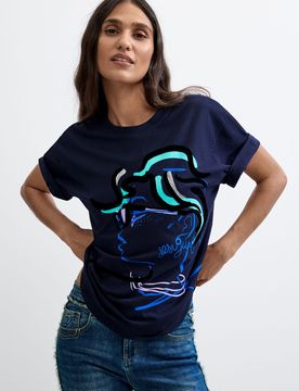 Camiseta Estampada 100% Algodón, Mujer, Algodon, Azul, XS