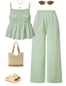 Conjunto de 2 piezas para niñas preadolescentes: top camisola casual con tirantes finos y botones & pantalones largos de cintura alta - Shein - FashionsVida