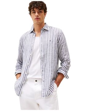 Camicia lino a righe blu e bianco MW0MW385810A5