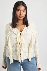 Womens Plus Burnout Double Ruffle Tie Front Blouse - White - Size 20 Uk