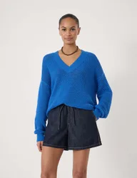 Pure Cotton V-Neck Open Stitch Jumper Bright Blue female