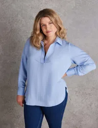 Collared V-Neck Popover Shirt Blue female