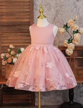 Vestido de princesa para niña, vestido de dama de honor para fiesta de cumpleaños, boda y festival, de tela con textura de satén, sin mangas, con f - Shein - FashionsVida