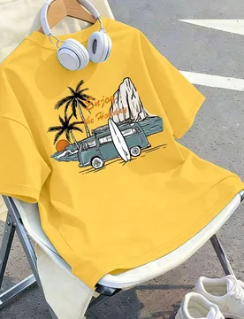 Camiseta de manga corta con cuello redondo para adolescentes, estilo casual minimalista con estampado de coche vintage, adecuada para uso en verano, t - Shein - FashionsVida