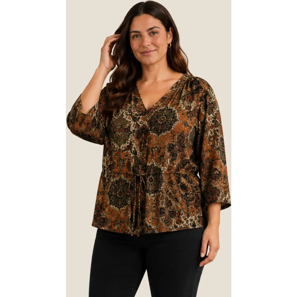 Blusa estampada con cordon ajustable - October - FashionsVida