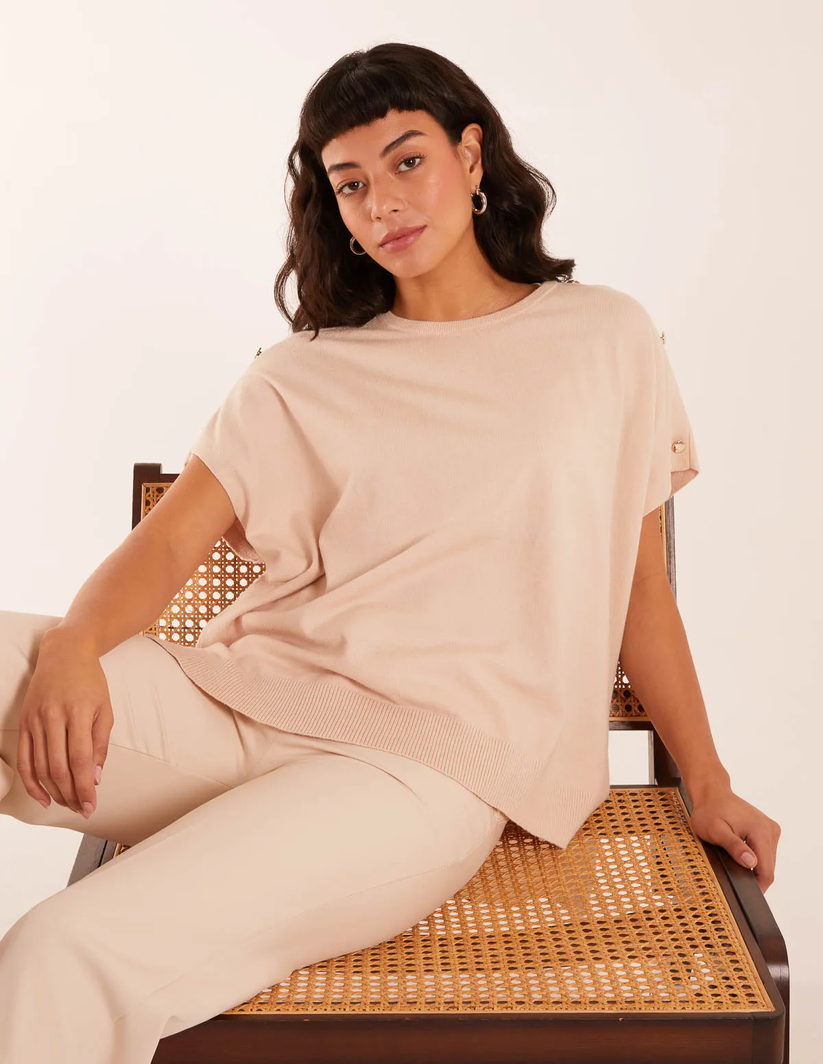 Oversized Button Shoulder Top - M/L / STONE - female - Blue Vanilla - FashionsVida