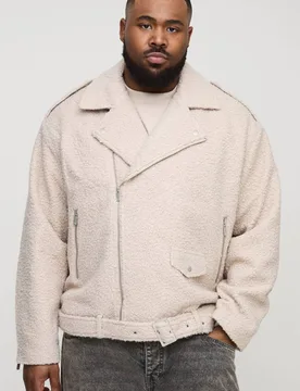Herren Plus Oversized Bouclé Biker-Jacke Ecru Größe 3XL - boohooMAN - FashionsVida