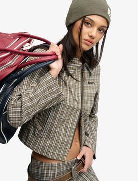 Superdry Damen Bench Karierte Jacke mit Doppelreißverschluss Green - Größe: XL