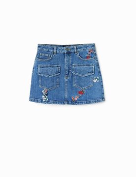 Minifalda vaquera flores, Mujer, Algodon, Azul, XS