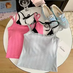 Sweet Sleeveless Lace Trim Camisole Slim Underwear Tie Back Camisole Top With Padded Cups Short Vest Daily Use
