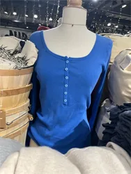 Electric Blue Patchwork Long Sleeve Tee Women Autumn Simple Basic Buttons O-neck Cotton Ribbed Tshirt Sweet Cute Casual T-shirts