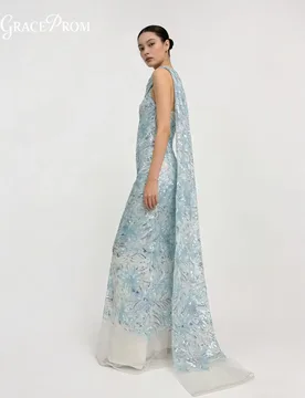 Regal Ice Blue Leaf Appliqué Party Dress Shimmery One Shoulder Cape Sheer Mermaid Evening Gown For Wedding Guests فساتين سهرة - Aliexpress - FashionsVida