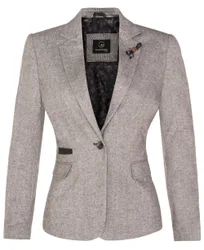 Tweed 1920s Herringbone Blazer - Light Grey - Size: 16