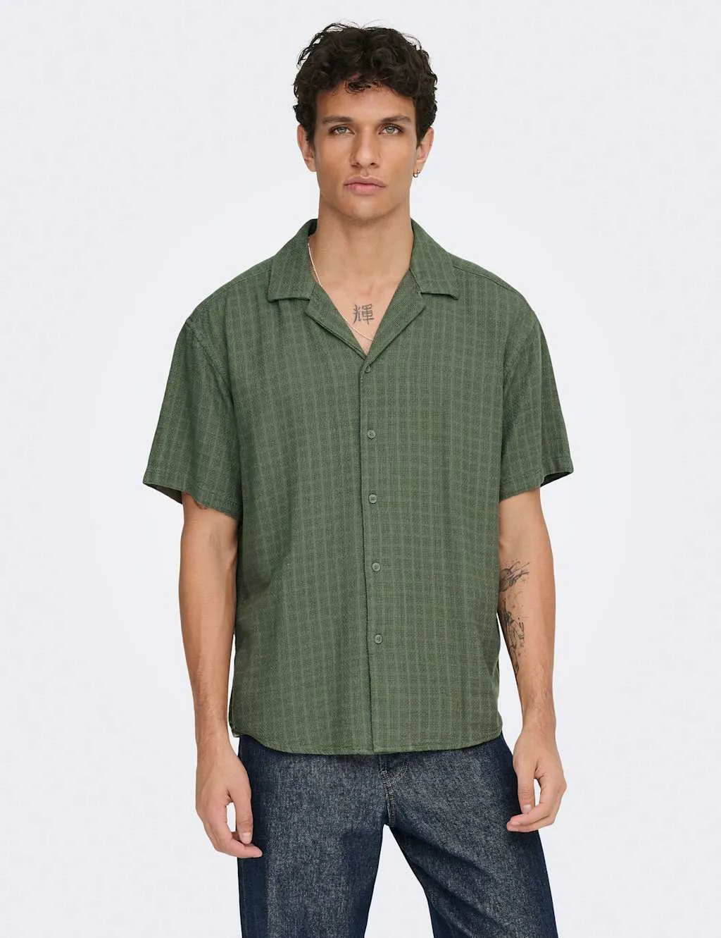 Regular Fit Textured Check Short Sleeve Shirt Khaki male - ONLY & SONS - FashionsVida