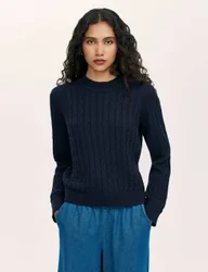 Pure Cotton Cable Knit Crew Neck Jumper Navy female
