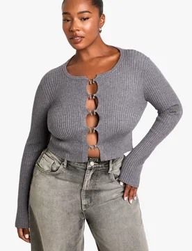 Womens Plus Hook Detail Rib Cardigan - Charcoal Viscose - Size Uk 16-18 (Womens) - Boohoo - FashionsVida