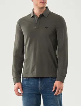 Polo manica lunga Exchange verde militare in cotone stretch con logo AX sul petto - Armani - FashionsVida