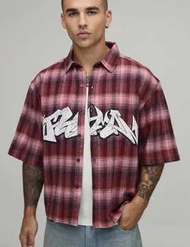 Men's Oversized Boxy Half Sleeve Graffiti Print Check Shirt Brown Size Large Brown L - boohooMAN - FashionsVida