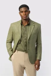 Mens Single Breasted Long Sleeve Two Button Tailored Suit Jacket In Khaki Linen - Size 50 (Chest)