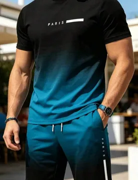 Conjunto de 2 piezas para hombre con color degradado, camiseta de cuello redondo de manga corta con estampado "PARIS" combinada con pantalones cortos - Shein - FashionsVida