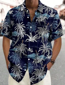 Camisa de manga corta con bolsillo y estampado de árboles de coco, talla grande, para hombres - Shein - FashionsVida