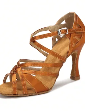 Un par de zapatos de baile latino de mujer de satén marrón con tacón cubano de 9 cm, cómodos y de suela blanda, para tango, salsa, cha cha, perfec - Shein - FashionsVida