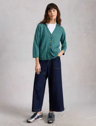 Cotton Rich V-Neck Button Front Cardigan Teal female