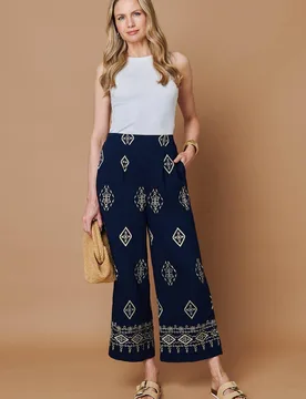Women's Border Printed High Waist Wide Trousers in Navy Size: 12 - Navy - Size: 12 - Izabel London - FashionsVida