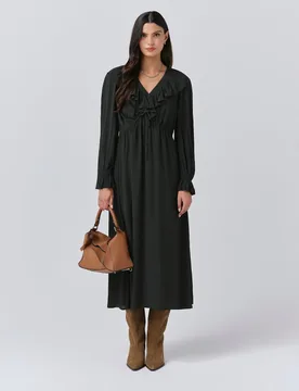 Crepe V-Neck Tie Waist Midi Dress Dark Green female - GHOST - FashionsVida