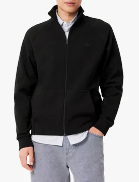 Felpa nera in interlock di cotone con chiusura zip e logo coccodrillo in tono - Lacoste - FashionsVida