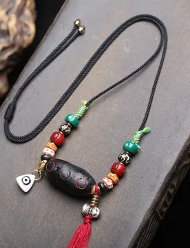 Hand-woven rope necklace with Tibetan-style Nyingma School “Rahu La” pendant; collarbone chain with recycled beads - Aliexpress - FashionsVida