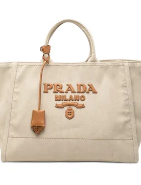 Large Linen and Vitello Logo Tote - Prada - FashionsVida