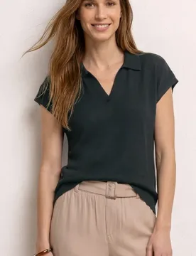 Dropped Shoulder Poloshirt im Strick-Look female Grün - Street One - FashionsVida