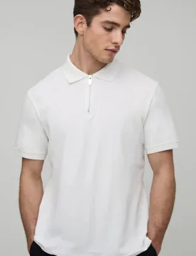 Men's Slim Fit 1/4 Zip Pique Polo Ecru Size X-Small Ecru XS - boohooMAN - FashionsVida
