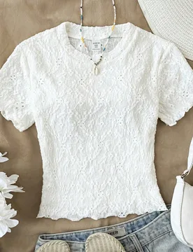 Camiseta de manga corta de punto jacquard beige de cuello redondo para niña preadolescente/niñas preadolescentes, versátil casual, de ocio y vacaci - Shein - FashionsVida
