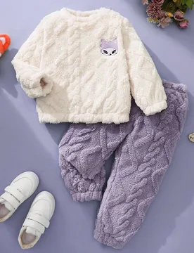 Conjunto de sudadera de forro polar con jacquard morado para niña en otoño/invierno, con patrón bordado lindo, puños y bajo acanalados, esencial p - Shein - FashionsVida